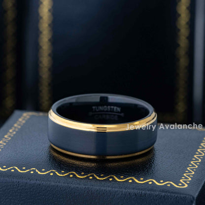 Jewelry Avalanche Mens Black & Gold Tungsten Carbide Wedding Band, Comfort-fit, Stepped Edge, 8mm