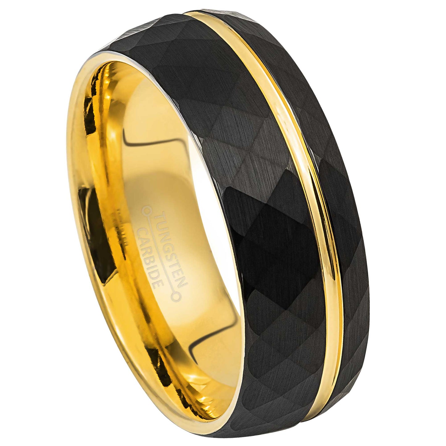 Jewelry Avalanche Black IP Faceted Tungsten Carbide Wedding Band, Grooved, Dome, Comfort-fit, 8mm