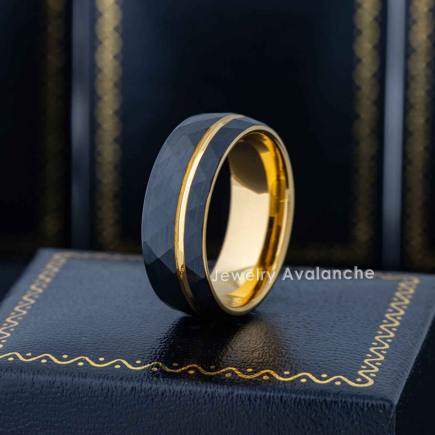 Jewelry Avalanche Black IP Faceted Tungsten Carbide Wedding Band, Grooved, Dome, Comfort-fit, 8mm