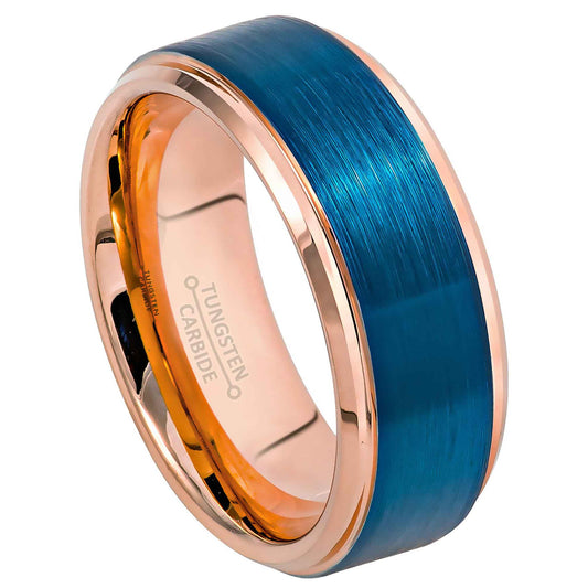 Jewelry Avalanche 8mm Stepped Rose Gold & Blue IP Tungsten Carbide Mens Wedding Band