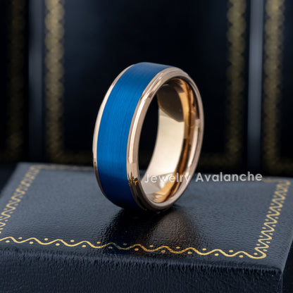 Jewelry Avalanche 8mm Stepped Rose Gold & Blue IP Tungsten Carbide Mens Wedding Band