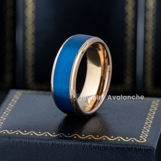 Jewelry Avalanche 8mm Stepped Rose Gold & Blue IP Tungsten Carbide Mens Wedding Band