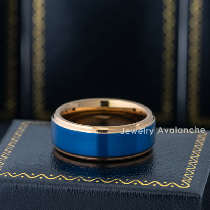 Jewelry Avalanche 8mm Stepped Rose Gold & Blue IP Tungsten Carbide Mens Wedding Band