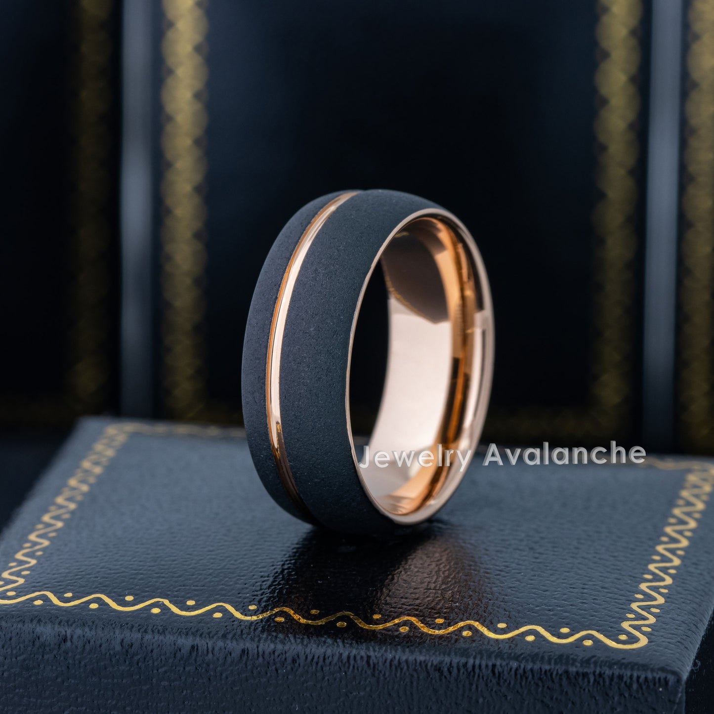 Jewelry Avalanche Rose Gold and Black Dome Tungsten Carbide Wedding Band, Comfort-fit, 8mm