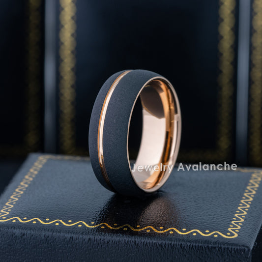Jewelry Avalanche Rose Gold and Black Dome Tungsten Carbide Wedding Band, Comfort-fit, 8mm