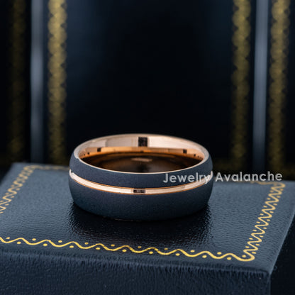 Jewelry Avalanche Rose Gold and Black Dome Tungsten Carbide Wedding Band, Comfort-fit, 8mm