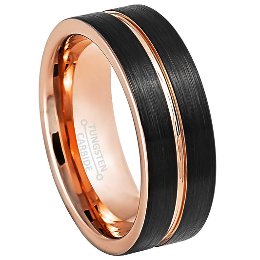 Jewelry Avalanche 8mm Pipe Cut Rose Gold & Black IP Grooved Tungsten Carbide Mens Wedding Band