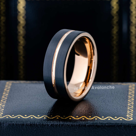 Jewelry Avalanche 8mm Pipe Cut Rose Gold & Black IP Grooved Tungsten Carbide Mens Wedding Band