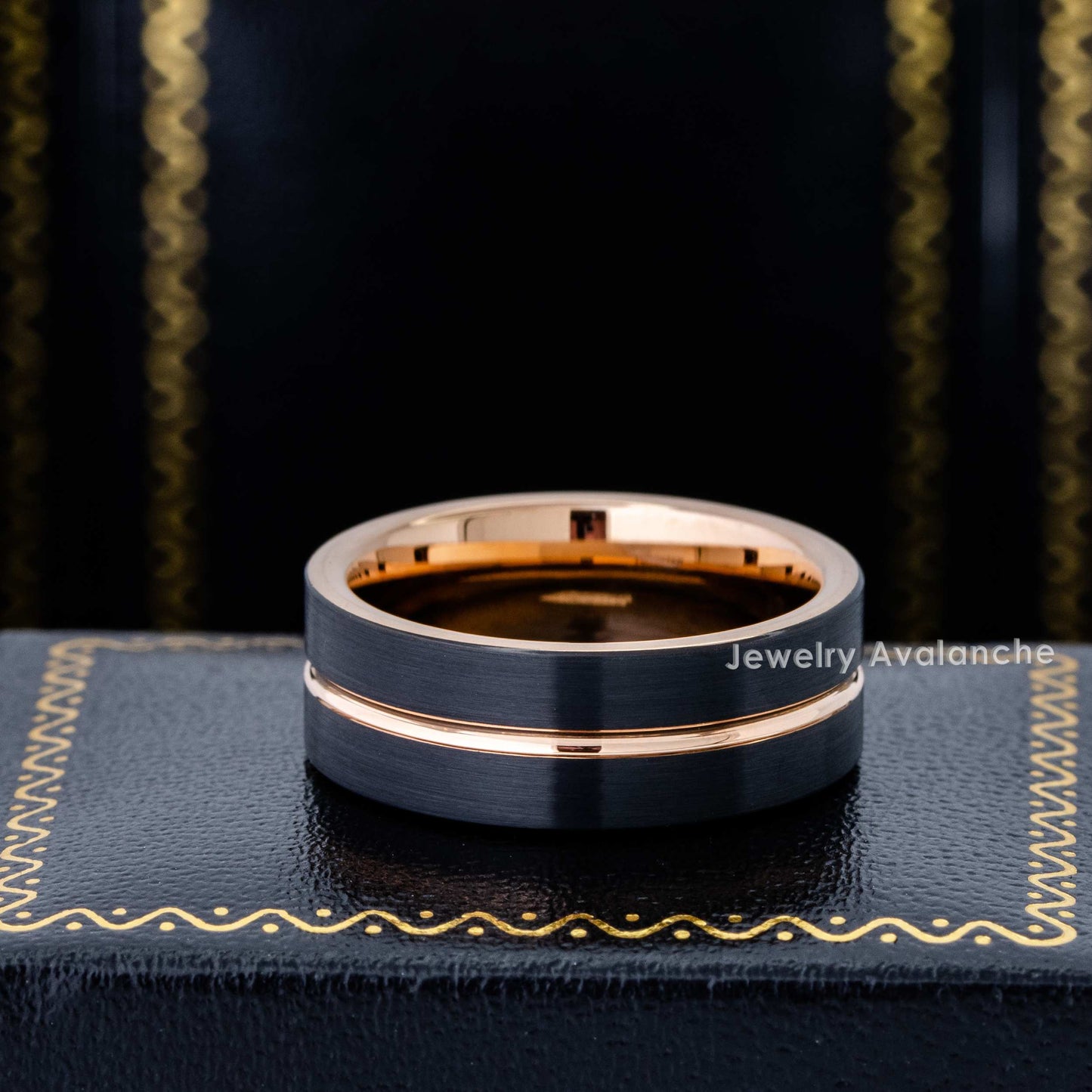 Jewelry Avalanche 8mm Pipe Cut Rose Gold & Black IP Grooved Tungsten Carbide Mens Wedding Band
