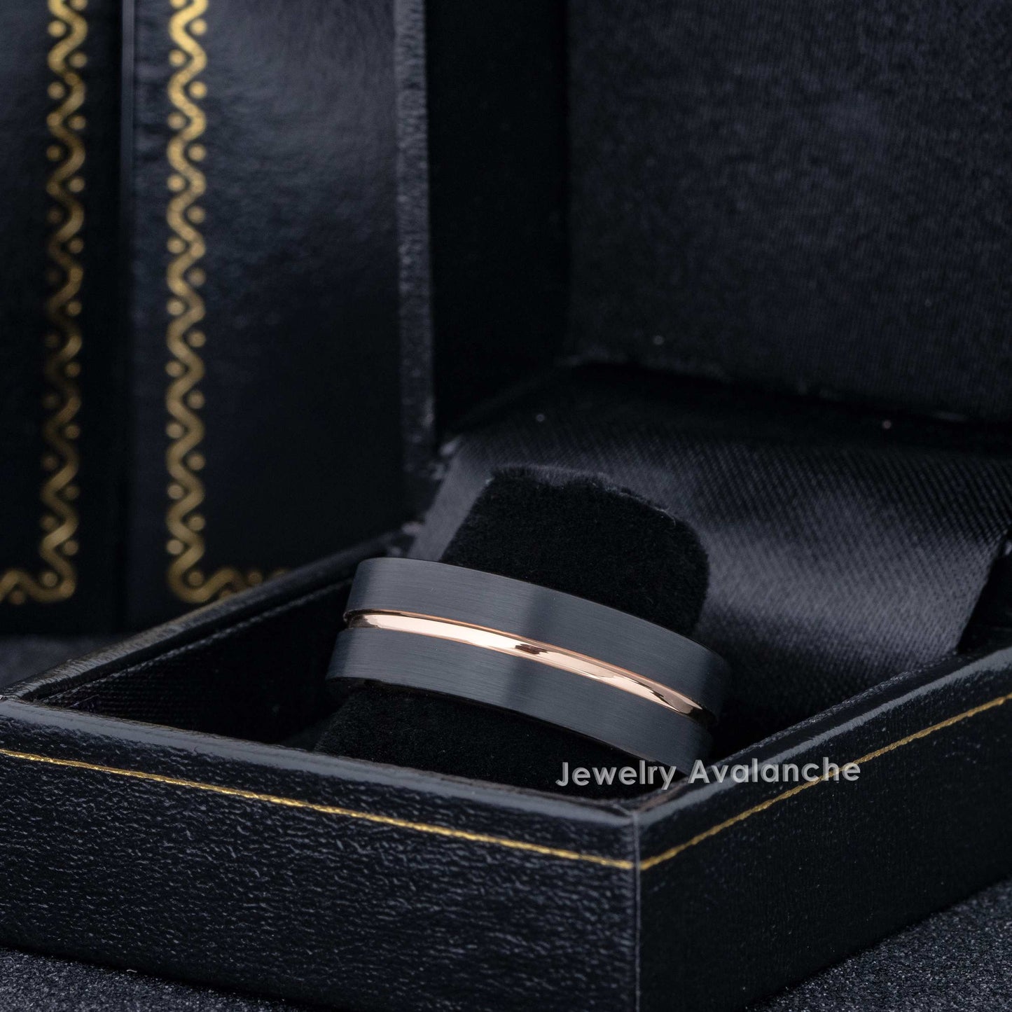 Jewelry Avalanche 8mm Pipe Cut Rose Gold & Black IP Grooved Tungsten Carbide Mens Wedding Band