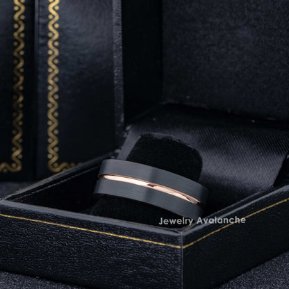 Jewelry Avalanche 8mm Pipe Cut Rose Gold & Black IP Grooved Tungsten Carbide Mens Wedding Band