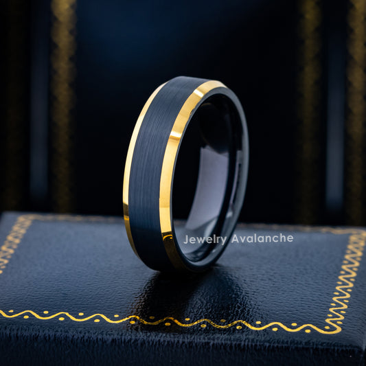 Jewelry Avalanche 6mm Beveled Black & Gold IP Tungsten Carbide Men Women Wedding Band