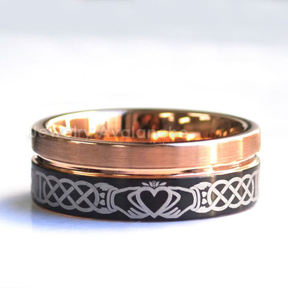Jewelry Avalanche Rose Gold & Black Mens Claddagh Tungsten Carbide Wedding Band, Pipe Cut, Comfort-fit, 8mm