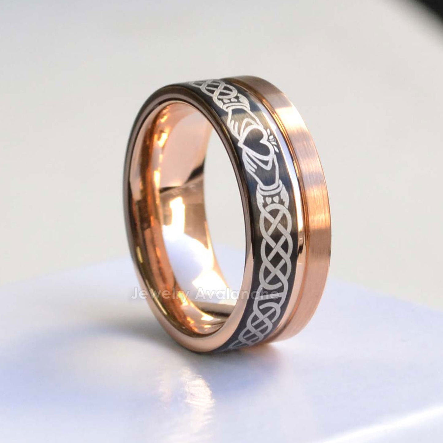 Jewelry Avalanche Rose Gold & Black Mens Claddagh Tungsten Carbide Wedding Band, Pipe Cut, Comfort-fit, 8mm