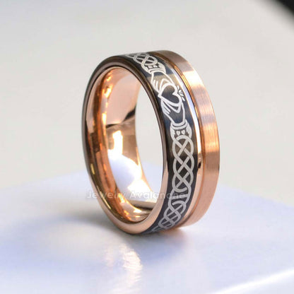 Jewelry Avalanche Rose Gold & Black Mens Claddagh Tungsten Carbide Wedding Band, Pipe Cut, Comfort-fit, 8mm