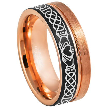 Jewelry Avalanche Rose Gold & Black Mens Claddagh Tungsten Carbide Wedding Band, Pipe Cut, Comfort-fit, 8mm
