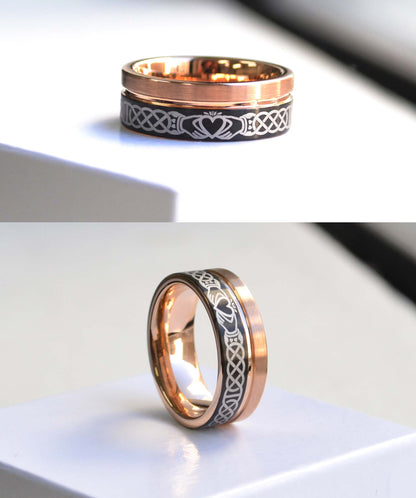 Jewelry Avalanche Rose Gold & Black Mens Claddagh Tungsten Carbide Wedding Band, Pipe Cut, Comfort-fit, 8mm