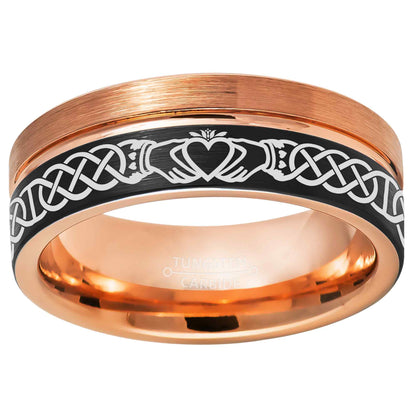 Jewelry Avalanche Rose Gold & Black Mens Claddagh Tungsten Carbide Wedding Band, Pipe Cut, Comfort-fit, 8mm