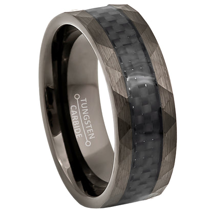 Jewelry Avalanche 8mm Pipe Cut Gunmetal IP Carbon Fiber Inlay Faceted Tungsten Carbide Mens Wedding Band