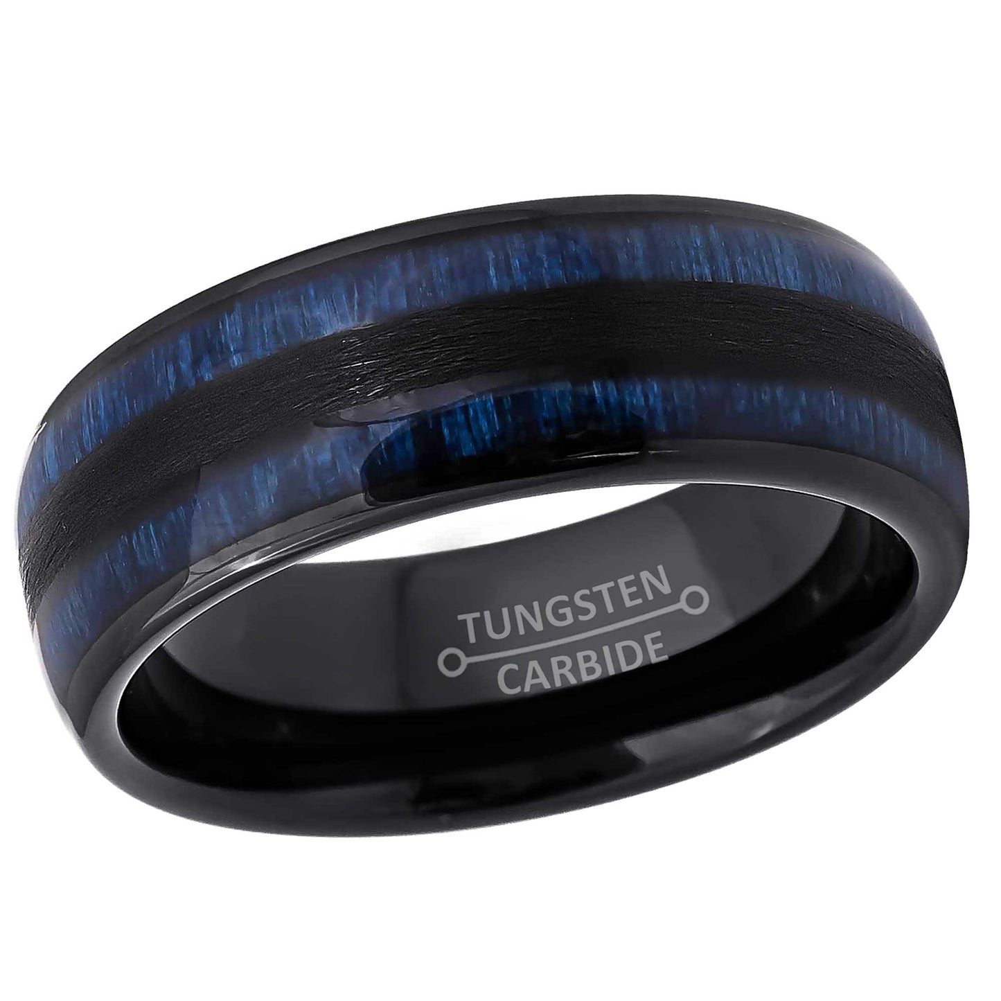 Jewelry Avalanche Black IP Exotic Blue Wood Inlay Dome Tungsten Carbide Wedding Band, Comfort-fit, 8mm