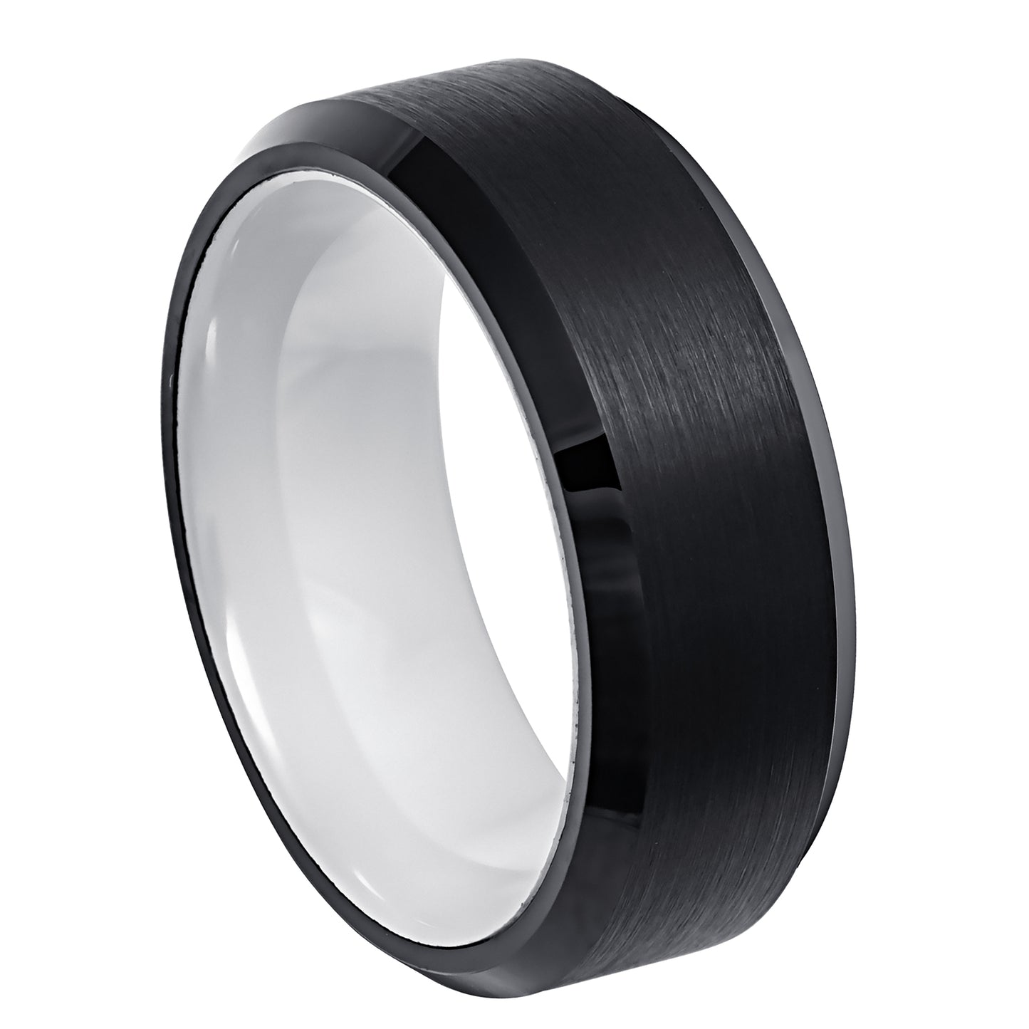 Jewelry Avalanche 8mm Beveled Black & White IP Ceramic Sleeve Tungsten Carbide Mens Wedding Band