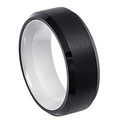 Jewelry Avalanche 8mm Beveled Black & White IP Ceramic Sleeve Tungsten Carbide Mens Wedding Band
