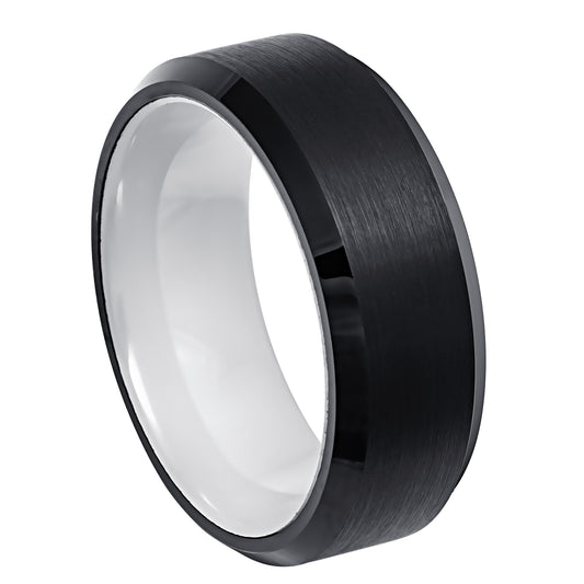 Jewelry Avalanche 8mm Beveled Black & White IP Ceramic Sleeve Tungsten Carbide Mens Wedding Band