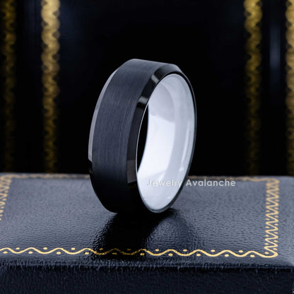 Jewelry Avalanche 8mm Beveled Black & White IP Ceramic Sleeve Tungsten Carbide Mens Wedding Band