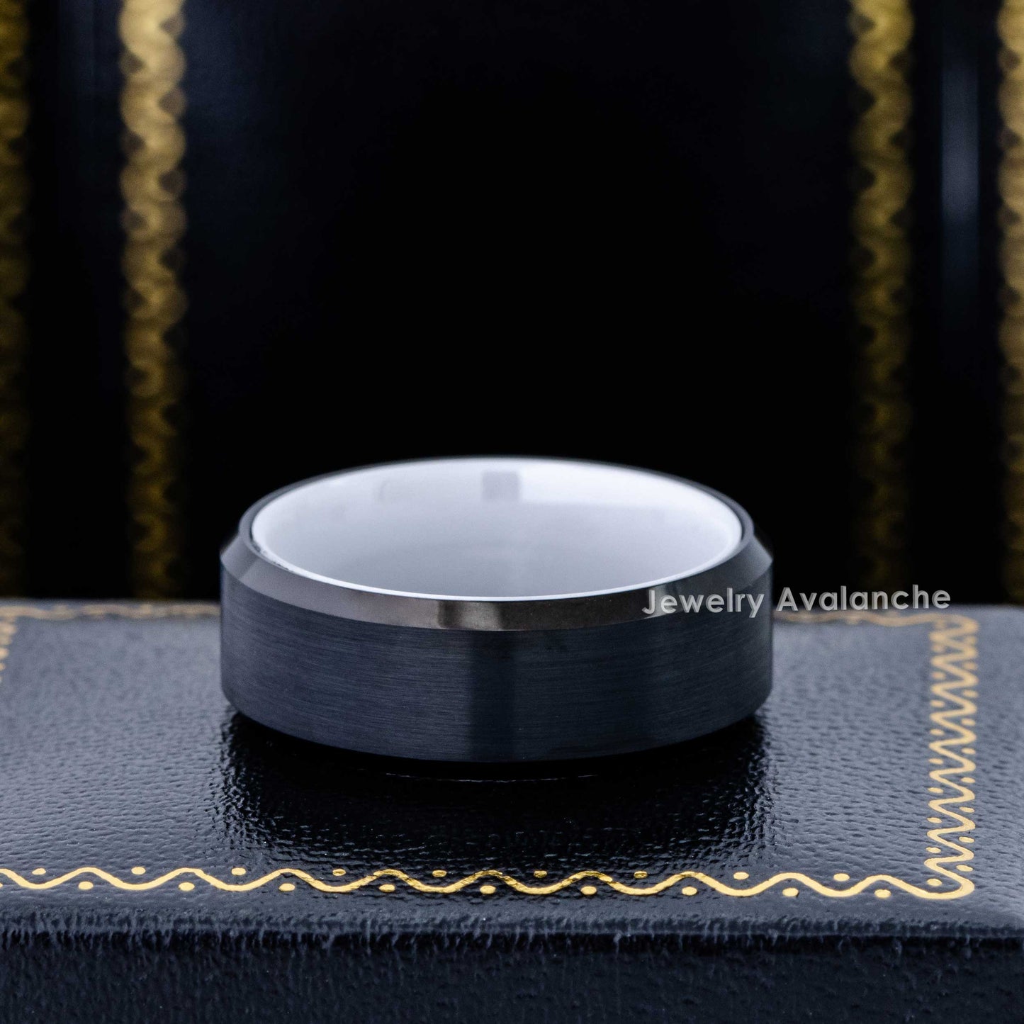 Jewelry Avalanche 8mm Beveled Black & White IP Ceramic Sleeve Tungsten Carbide Mens Wedding Band