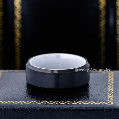 Jewelry Avalanche 8mm Beveled Black & White IP Ceramic Sleeve Tungsten Carbide Mens Wedding Band