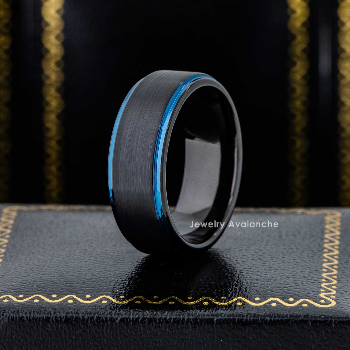 Jewelry Avalanche Black & Blue Trim Mens Tungsten Carbide Wedding Band, Comfort-fit, 8mm