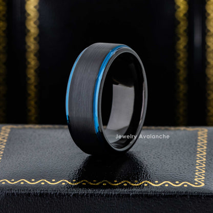 Jewelry Avalanche Black & Blue Trim Mens Tungsten Carbide Wedding Band, Comfort-fit, 8mm