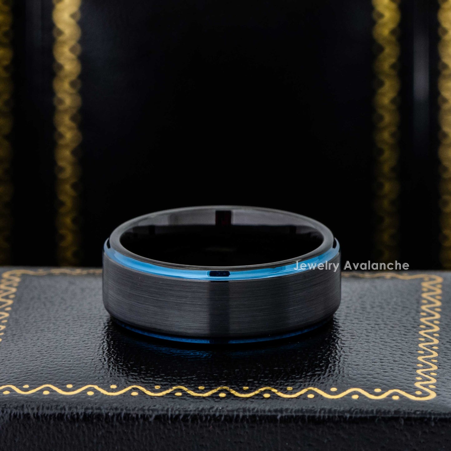 Jewelry Avalanche Black & Blue Trim Mens Tungsten Carbide Wedding Band, Comfort-fit, 8mm