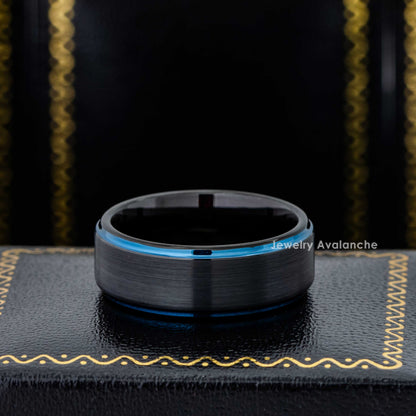 Jewelry Avalanche Black & Blue Trim Mens Tungsten Carbide Wedding Band, Comfort-fit, 8mm