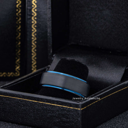 Jewelry Avalanche Black & Blue Trim Mens Tungsten Carbide Wedding Band, Comfort-fit, 8mm