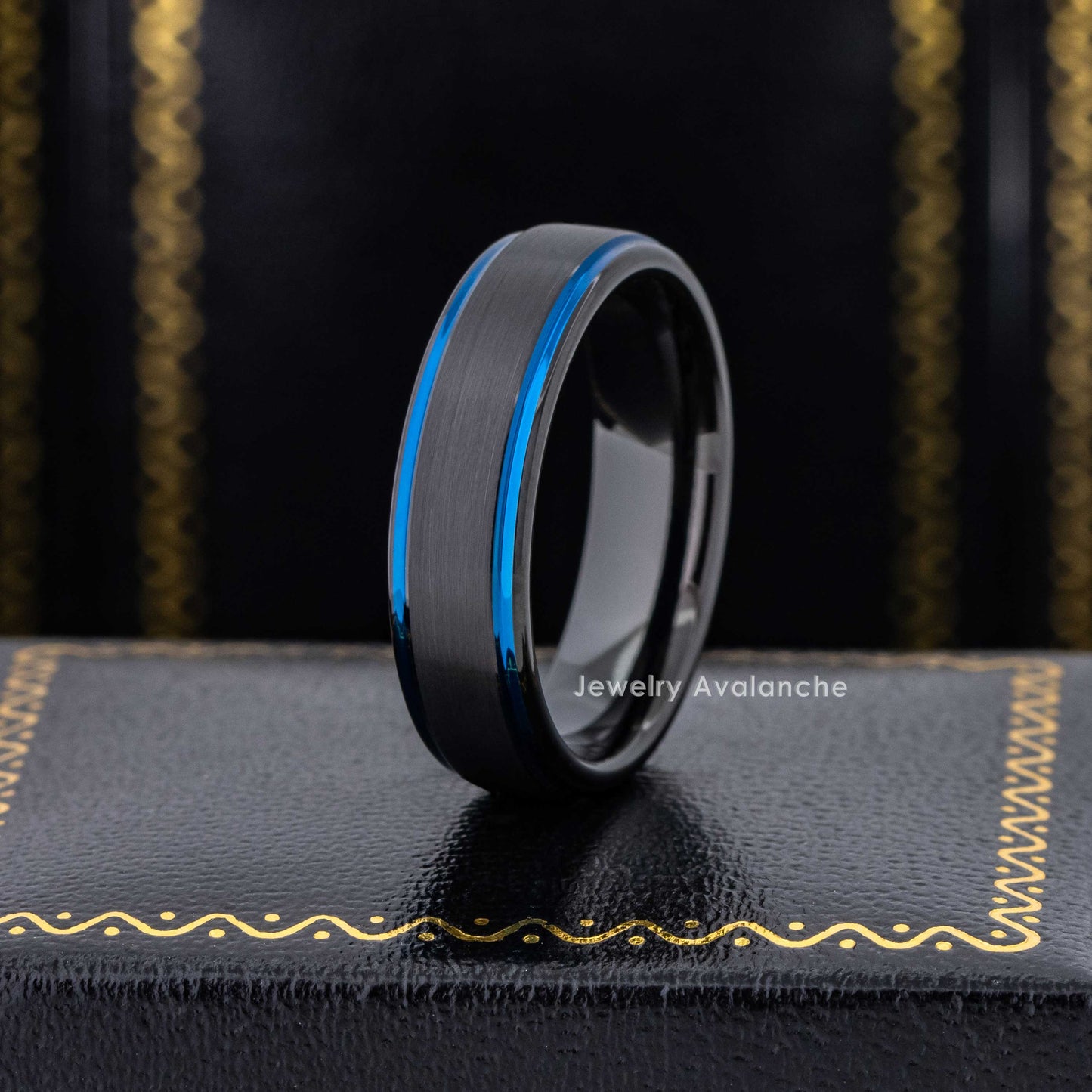 Jewelry Avalanche 6mm Black & Blue Trim Tungsten Carbide Wedding Band, Comfort-fit