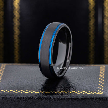 Jewelry Avalanche 6mm Black & Blue Trim Tungsten Carbide Wedding Band, Comfort-fit