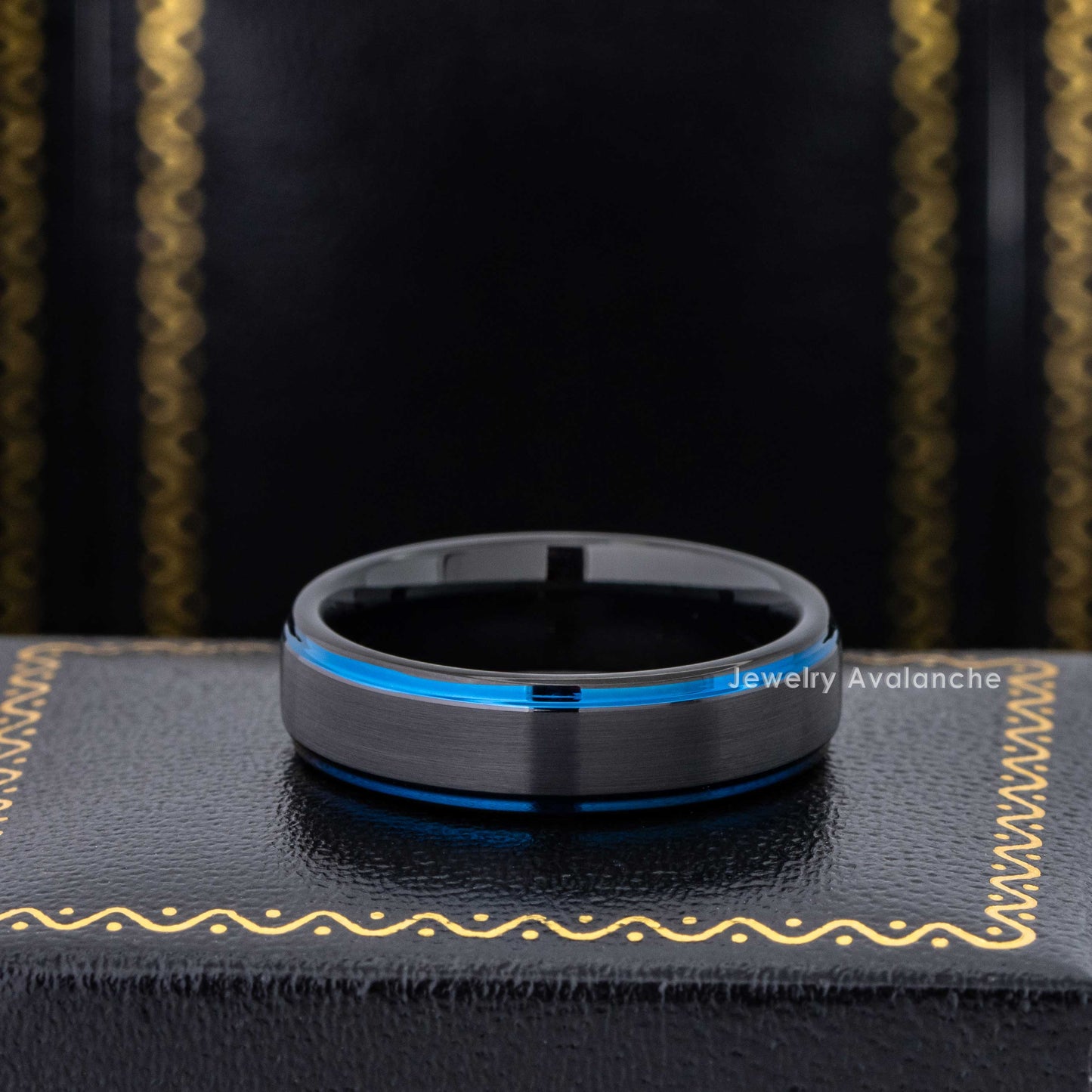 Jewelry Avalanche 6mm Black & Blue Trim Tungsten Carbide Wedding Band, Comfort-fit