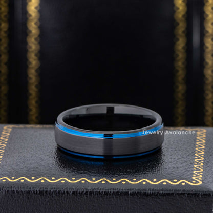 Jewelry Avalanche 6mm Black & Blue Trim Tungsten Carbide Wedding Band, Comfort-fit