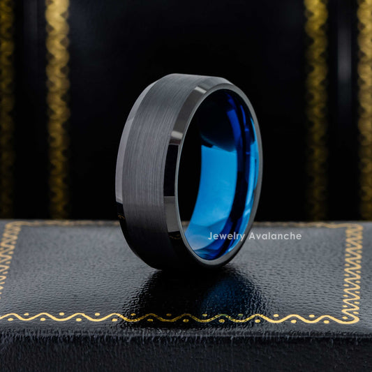 Jewelry Avalanche Mens Black & Blue Tungsten Ring Wedding Band, Beveled Edge, Comfort-fit, 8mm