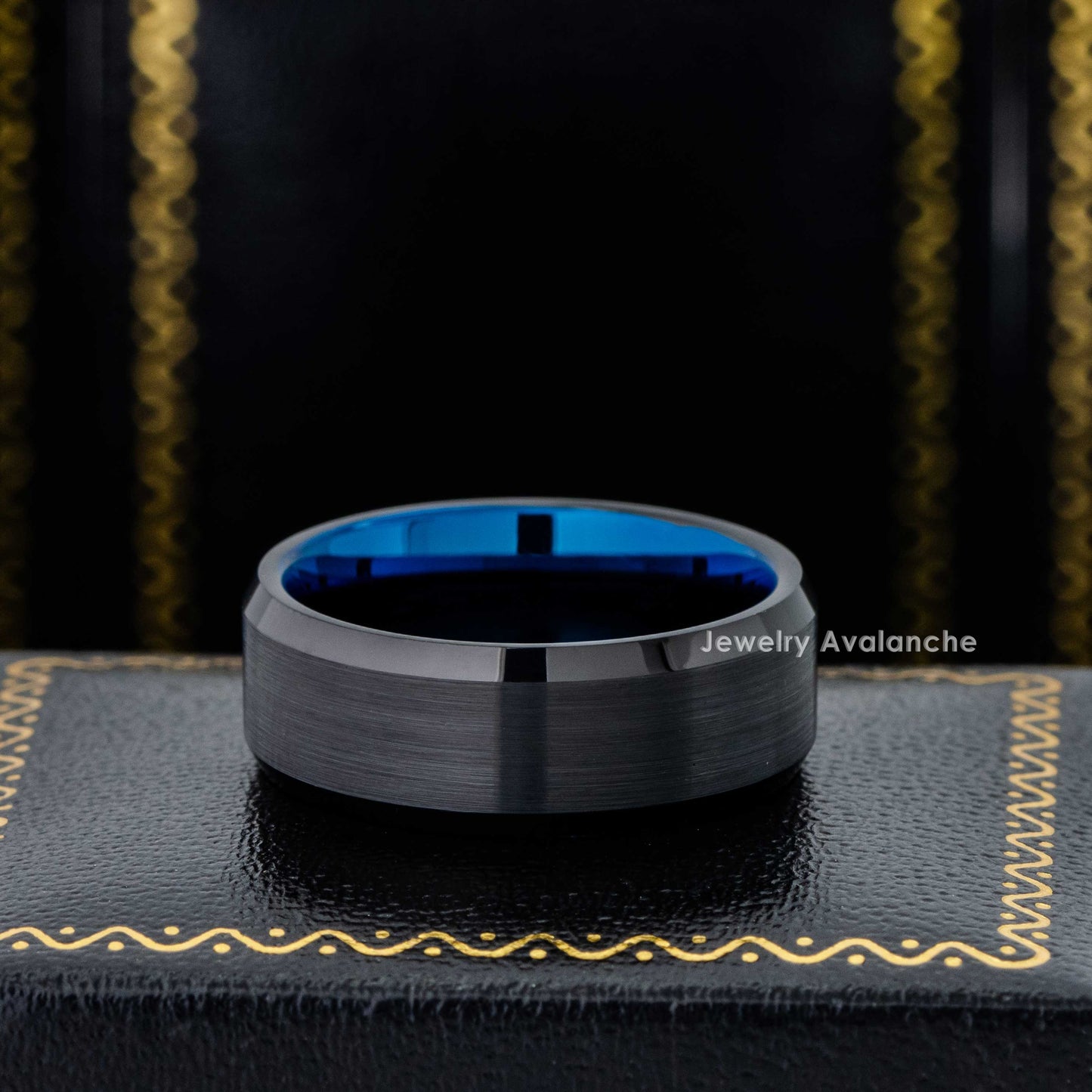 Jewelry Avalanche Mens Black & Blue Tungsten Ring Wedding Band, Beveled Edge, Comfort-fit, 8mm