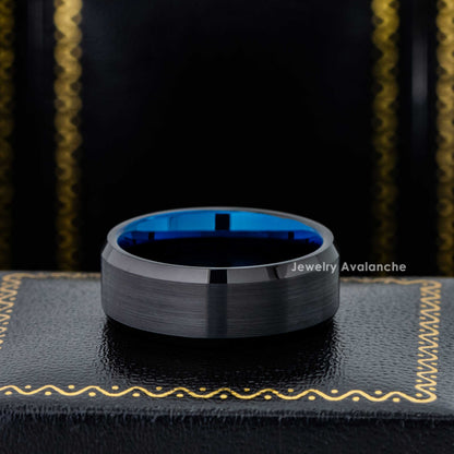 Jewelry Avalanche Mens Black & Blue Tungsten Ring Wedding Band, Beveled Edge, Comfort-fit, 8mm