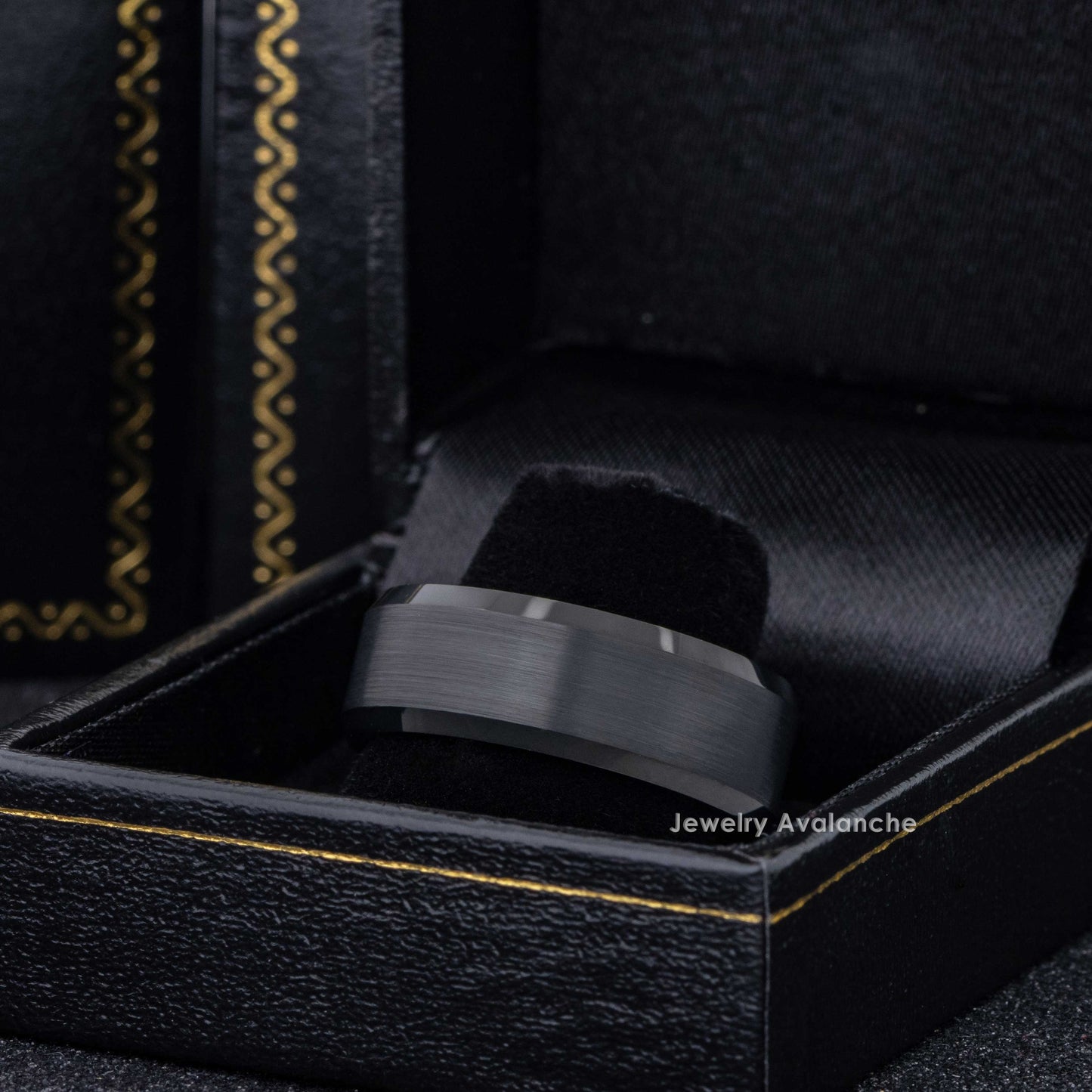 Jewelry Avalanche Mens Black & Blue Tungsten Ring Wedding Band, Beveled Edge, Comfort-fit, 8mm