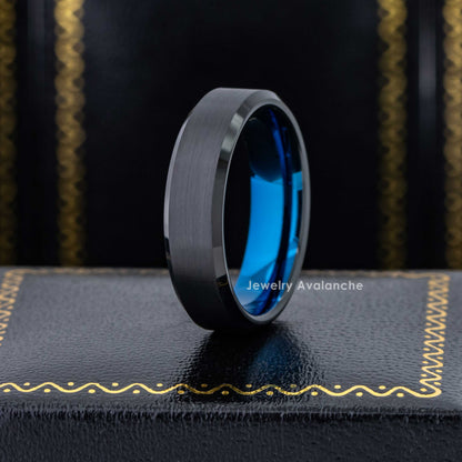 Jewelry Avalanche 6mm Black & Blue Tungsten Ring Men Women Wedding Band, Beveled Edge, Comfort-fit