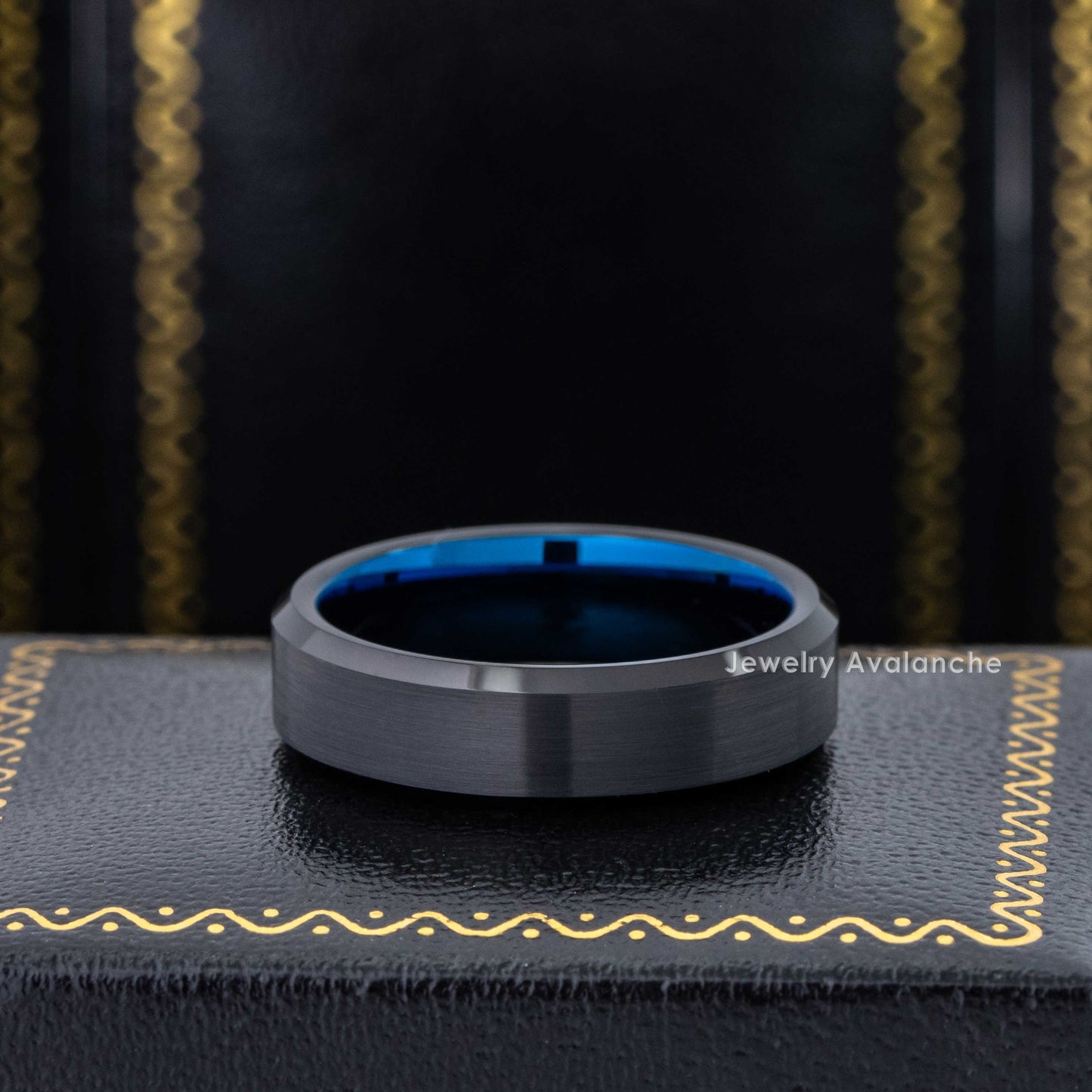 Jewelry Avalanche 6mm Black & Blue Tungsten Ring Men Women Wedding Band, Beveled Edge, Comfort-fit