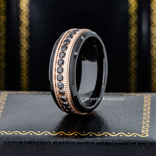Jewelry Avalanche 2-tone Milgrain Rose Gold Tungsten Black CZ Eternity Mens Wedding Band, Comfort-fit, 8mm