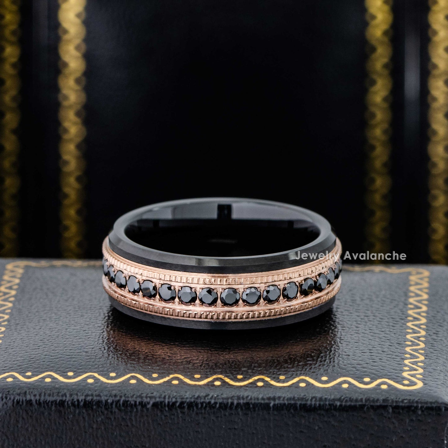 Jewelry Avalanche 2-tone Milgrain Rose Gold Tungsten Black CZ Eternity Mens Wedding Band, Comfort-fit, 8mm