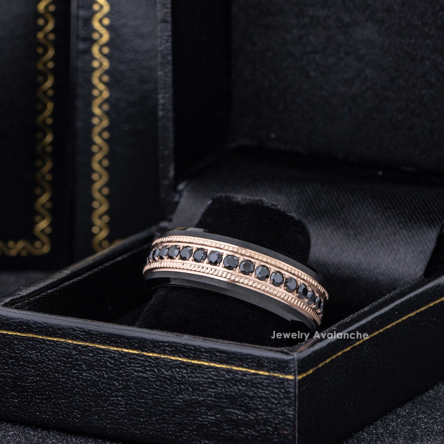 Jewelry Avalanche 2-tone Milgrain Rose Gold Tungsten Black CZ Eternity Mens Wedding Band, Comfort-fit, 8mm