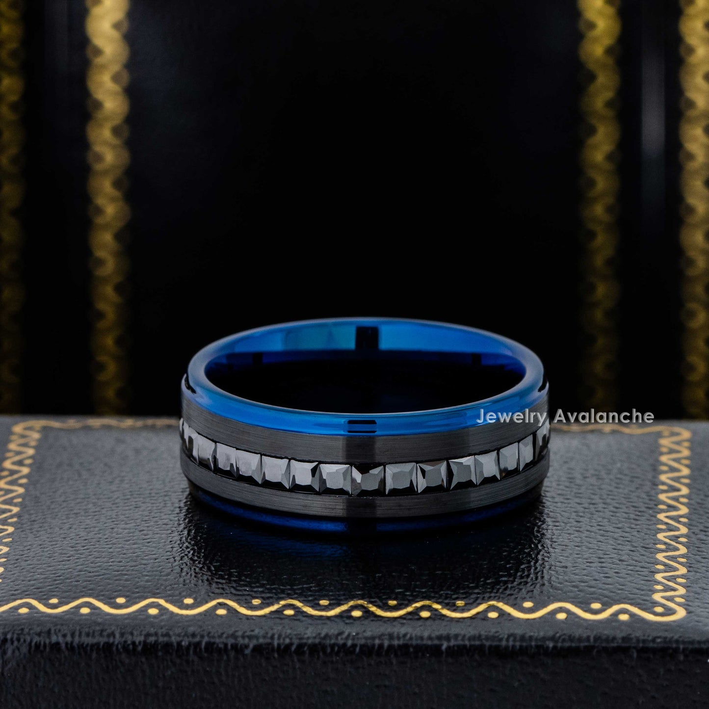 Jewelry Avalanche Blue IP Eternity Mens Tungsten Wedding Band, Black Princess Cut CZ, Comfort-fit, 8mm