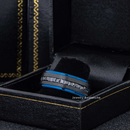 Jewelry Avalanche Blue IP Eternity Mens Tungsten Wedding Band, Black Princess Cut CZ, Comfort-fit, 8mm